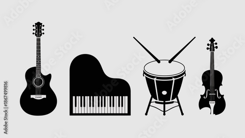 a striking silhouette illustration depicts a collection of musical instruments including a guitar piano drum and violin representing artistry high quality professional detailed modern elegant stylish