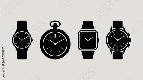 a minimalist collection of four different timekeeping devices is displayed featuring a variety of watch styles and designs in black silhouettes high quality professional detailed modern