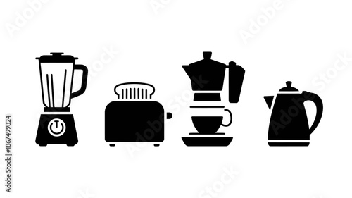 a simple black and white illustration depicts a collection of common kitchen appliances arranged in a horizontal line including a blender toaster and kettle high quality