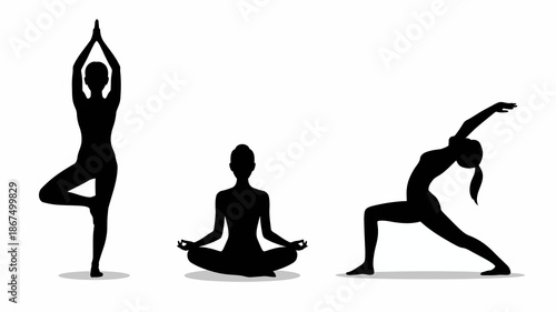 a silhouette illustration depicts three distinct yoga poses showcasing a tree pose a seated meditation and a side stretch high quality professional detailed modern elegant stylish
