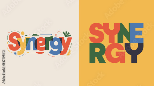 a vibrant and colorful split screen displays the word synergy in two distinct styles one with floral elements and the other bold high quality professional detailed