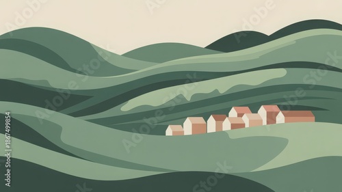 A serene village nestled in rolling hills, depicted in a modern flat design vector illustration