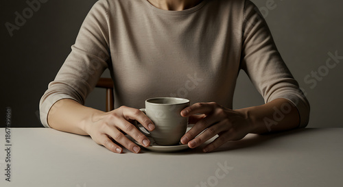 A person gently holds a ceramic cup and saucer enjoying a quiet moment of reflection