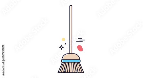 Hand drawn broom icon with a wooden handle and straw bristles surrounded by abstract sparkles and shapes on white.