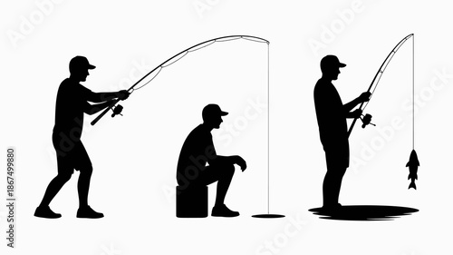 a silhouette depiction of a man fishing in varying poses showcasing a full body view and the caught fish high quality professional detailed modern elegant stylish