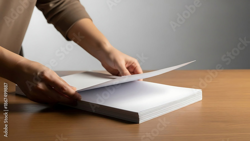 Hands gently turning the page of a blank white book on a wooden table