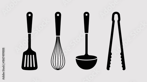 a minimalist graphical depiction showcases four essential black kitchen utensils a spatula whisk ladle and tongs arranged in a row high quality professional detailed modern elegant