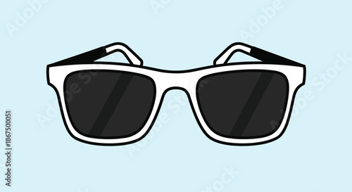 Stylish black and white sunglasses with dark lenses shown from the front against a light blue background for summer vibe.