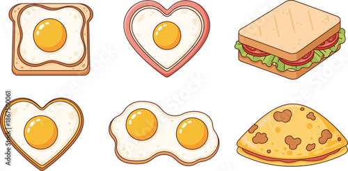 Cute breakfast food icons set with fried eggs toast sandwich and omelette vector illustration isolated on white background