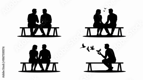 a minimalistic depiction showcasing silhouettes of couples and individuals engaged in quiet moments of connection and solitude on park benches high quality professional detailed modern elegant