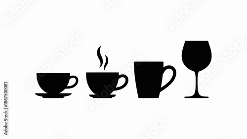 a minimalist depiction showcases a sequence of beverage containers including a teacup steaming cup mug and wine glass all in black silhouettes high quality professional detailed