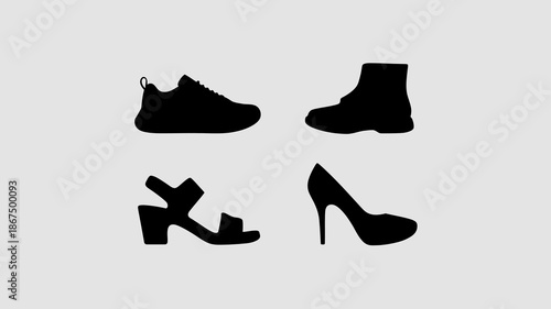 a minimalist illustration depicts four distinct shoe silhouettes against a pale gray background showcasing a sneaker boot sandal and high heel high quality professional detailed modern