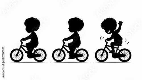 a simple illustration depicts three silhouetted figures of a young boy riding a bicycle in different stages of motion and expression high quality professional detailed modern