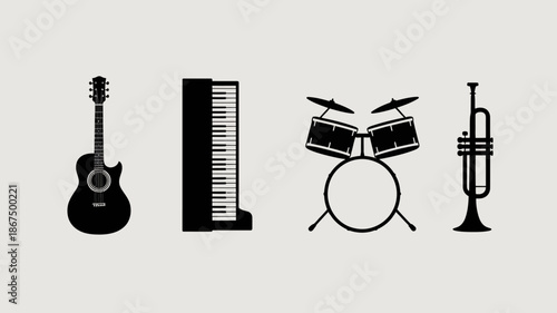 a black and white illustration depicts a variety of musical instruments arranged in a horizontal line including a guitar accordion drum kit and trumpet high quality
