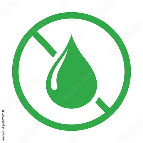 Black no liquid drop symbol, bold droplet icon inside prohibition circle, minimalist vector sign for no liquids, spill free, waterproof or oil free products, isolated on white background