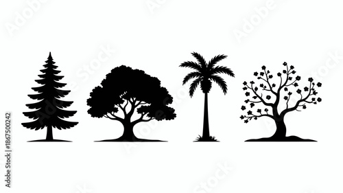 a simple graphic illustration displays four distinct tree silhouettes against a clean white background showcasing varying foliage and form high quality professional detailed modern elegant stylish