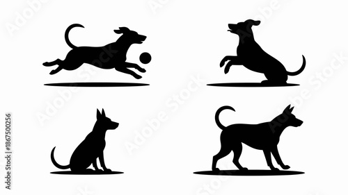 a minimalist illustration showcases four black silhouettes of dogs in various poses jumping with a ball sitting and standing against a white background high quality professional