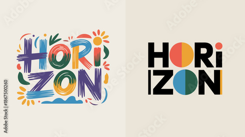 a vibrant illustration displays the word horizon creatively styled with colorful floral and wave elements alongside a minimalist version high quality professional detailed modern elegant stylish