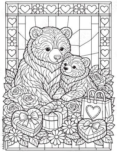 Adorable bear family surrounded by heartfelt gifts and romantic flowers coloring page