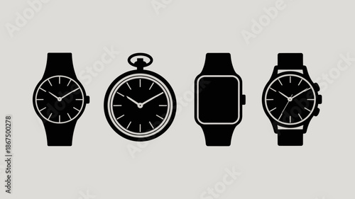 a minimalist illustration showcases four distinct timekeeping devices a traditional wristwatch a classic pocket watch a modern smartwatch and a chronograph high quality professional detailed elegant