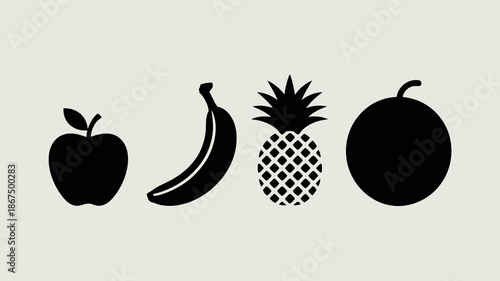 a simple minimalist graphic showcases four distinct fruits an apple banana pineapple and orange in a black silhouette style high quality professional detailed modern elegant stylish