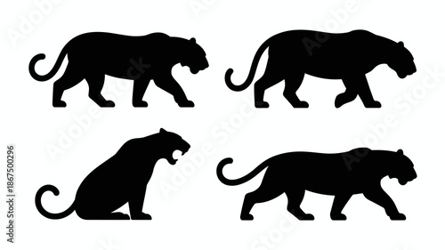 A striking illustration portrays four distinct silhouettes of majestic panthers showcasing their grace and power in varying poses high quality professional detailed modern elegant stylish clean