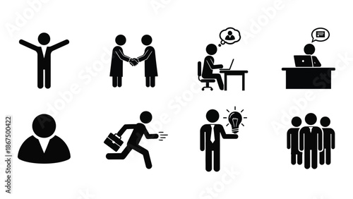 Stick figure icons depicting various business and people related activities