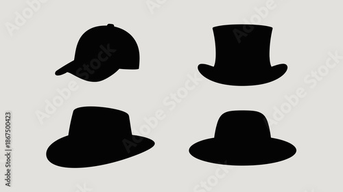 a collection of four distinct hat silhouettes against a plain light gray background showcasing varying styles and forms of headwear high quality professional detailed modern elegant