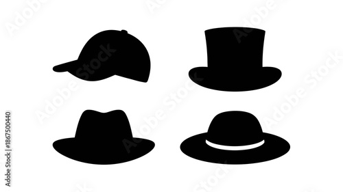 a simple illustration depicts four distinct black silhouettes of hats including a baseball cap top hat fedora and bowler hat arranged on a white background