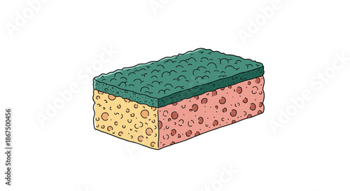 Dual-sided kitchen sponge with a green abrasive layer and a pink and yellow porous body isolated on white.