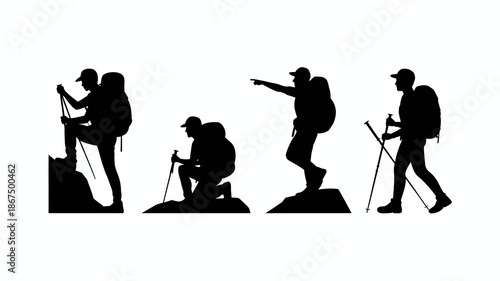 a silhouette illustration depicts four hikers in various stages of a journey showcasing the challenges and rewards of mountain exploration high quality professional detailed modern elegant