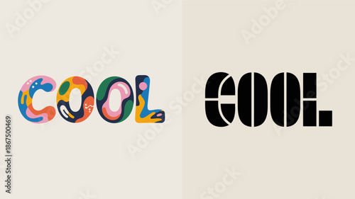 a visual comparison showcases the word cool presented in two distinct typographic styles one colorful and the other monochrome high quality professional detailed modern elegant stylish