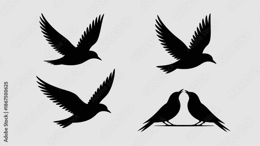 Obraz premium a striking silhouette depiction features four birds in dynamic flight with two birds facing each other creating a captivating avian scene high quality professional detailed modern