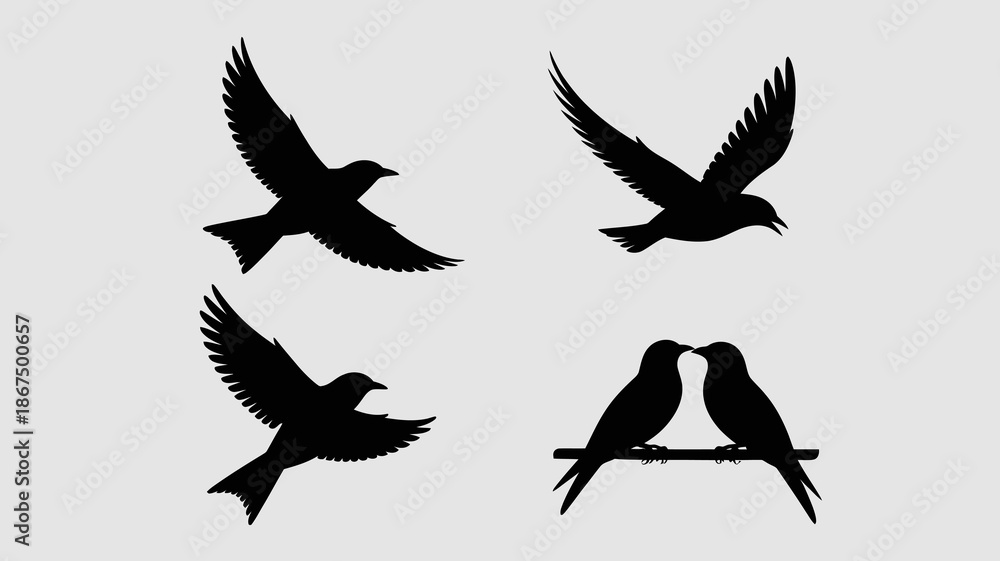 Obraz premium a simple illustration showcases the silhouettes of several birds in flight and at rest conveying a sense of freedom and companionship high quality professional detailed modern