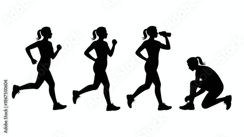 a silhouette illustration depicts four stages of a woman running resting and recovering during a workout session high quality professional detailed modern elegant stylish clean crisp