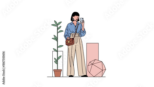 Woman taking selfie with phone, modern minimal illustration