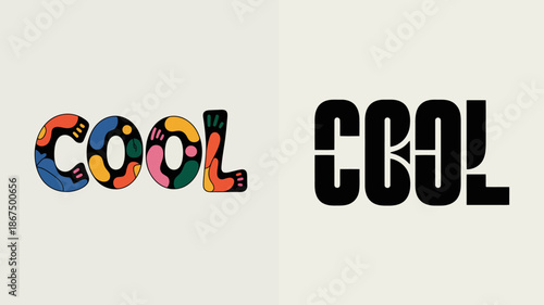 this image displays the word cool presented in two distinct typographic styles one colorful and playful the other bold and monochromatic high quality professional detailed modern