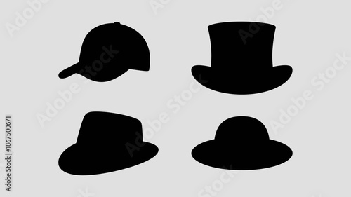 a minimalist composition featuring four distinct silhouettes of hats in black against a neutral gray background showcasing variety in headwear styles high quality professional detailed modern