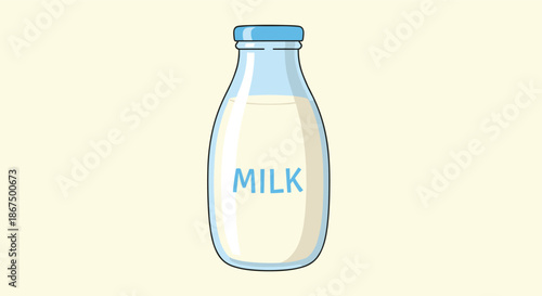 Glass bottle of fresh milk with a blue cap and the word milk printed on the front against a pale yellow background.