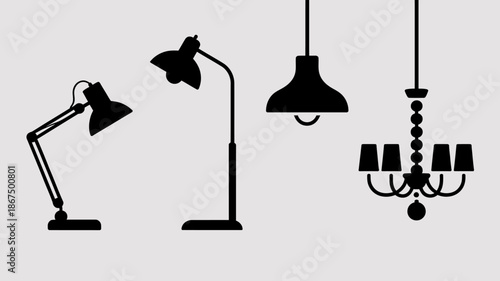 a minimalist illustration displays three distinct lighting fixtures showcasing a desk lamp a floor lamp and a chandelier in black silhouettes high quality professional detailed modern