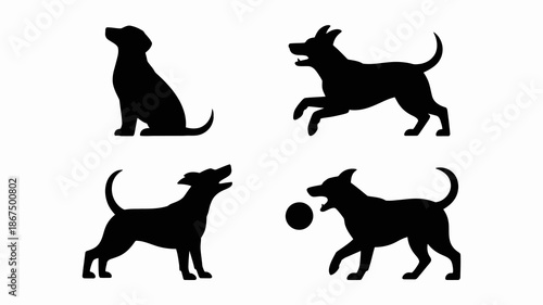A collection of four distinct black silhouettes depicting various canine poses including sitting jumping and playful stances high quality professional detailed modern elegant stylish clean crisp