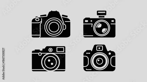 a minimalist graphic representation depicting four distinct black silhouettes of vintage and modern camera designs on a light gray background high quality professional detailed elegant stylish