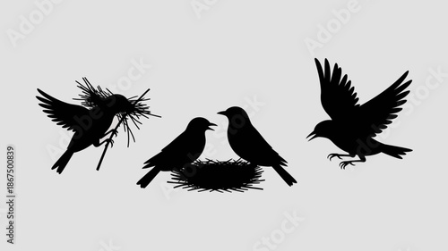 a simple black silhouette illustration depicts three birds one in flight and two perched on a nest showcasing avian life high quality professional detailed modern elegant