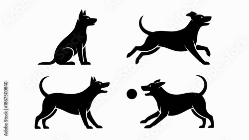 a collection of four black silhouette dog illustrations showcases varying poses including sitting leaping running and playing with a ball high quality professional detailed modern elegant
