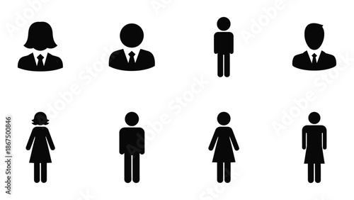 Simple black silhouettes representing diverse people and gender representation