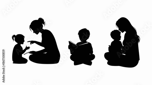 a silhouette depiction of a mother reading to her two young children fostering a loving and educational bonding experience high quality professional detailed modern elegant stylish