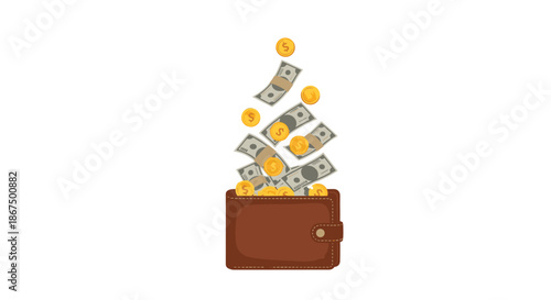 Brown leather wallet with numerous gold coins and paper dollar bills flying out of it on a plain white background.