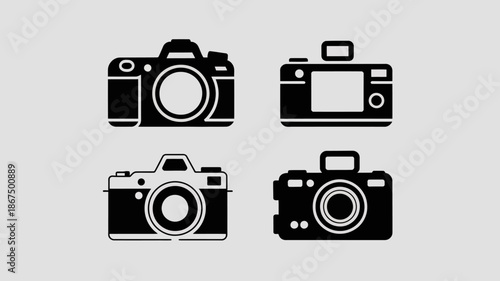 a minimalist design showcases four distinct black camera icons arranged in a square representing different styles and perspectives of photography high quality professional detailed modern elegant