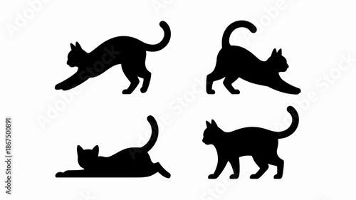 a minimalist depiction showcases four distinct silhouettes of black cats in various poses capturing feline grace and movement high quality professional detailed modern elegant stylish clean