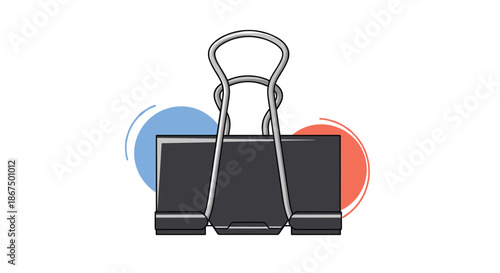 Large black metal binder clip or paper clamp positioned in front of blue and orange abstract circles on white.